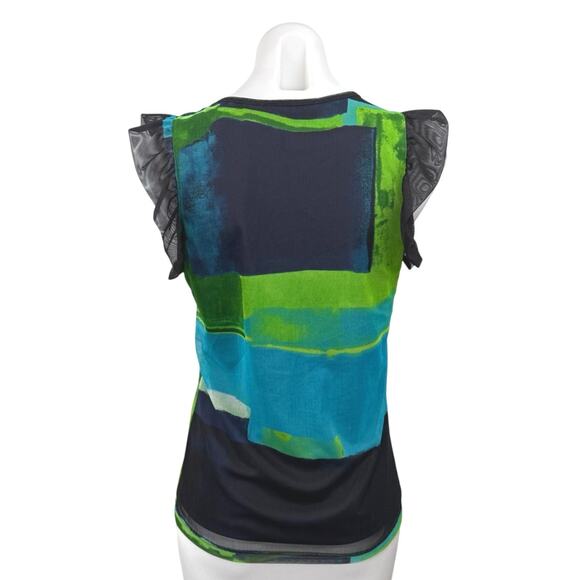 DKNY Women's Blue Green Colorblock Ruffle Mesh Sleeveless Blouse Top Size S - Picture 2 of 4